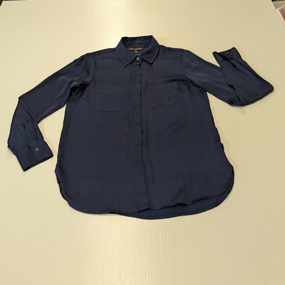 INC International Concepts Size XS Navy Satin Blue Button Down - Picture 6 of 12